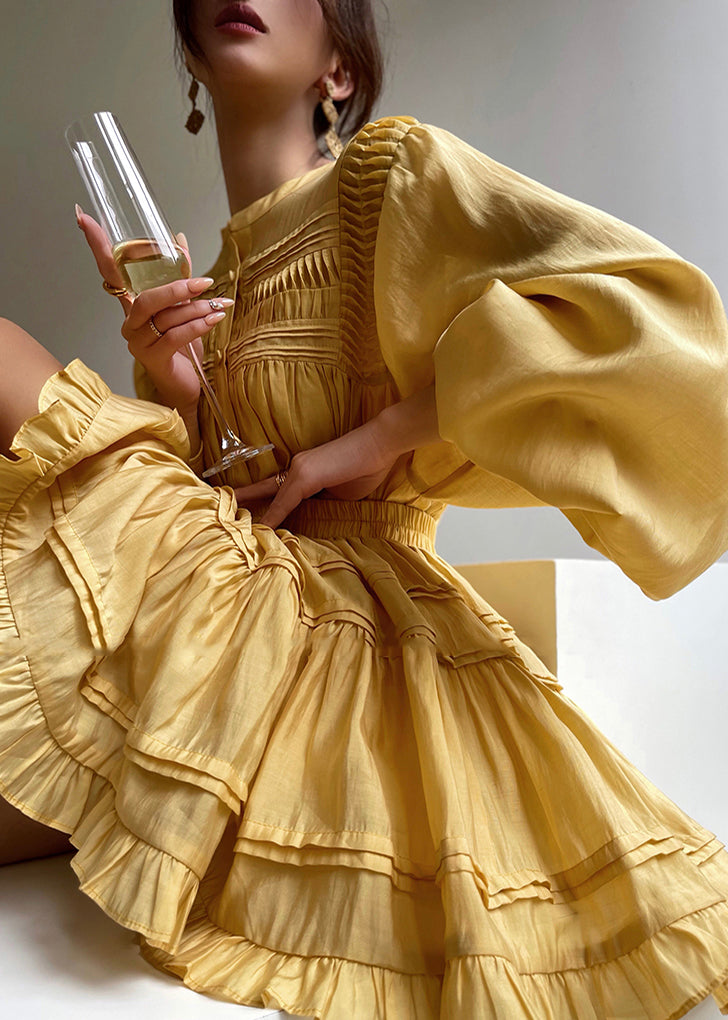 Yellow Wrinkled Cotton Two Pieces Set Lantern Sleeve