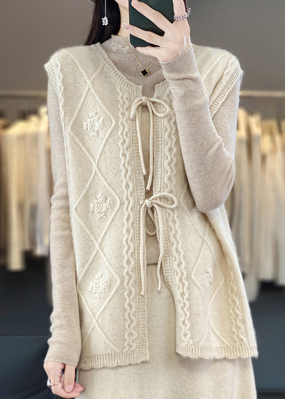 Coffee O Neck Lace Up Woolen Knit Waistcoat Sleeveless