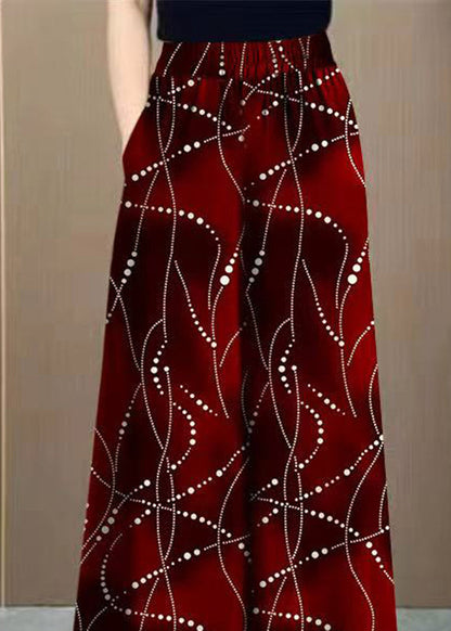 Red Print High Waist Draping Ice Silk Wide Leg Pants