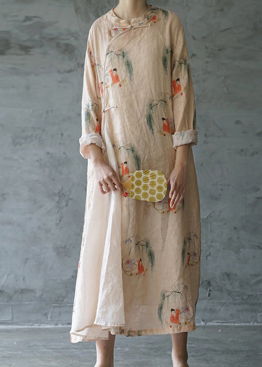 Light Pink Mandarin Collar Print Patchwork Linen Long Dress Long Sleeve