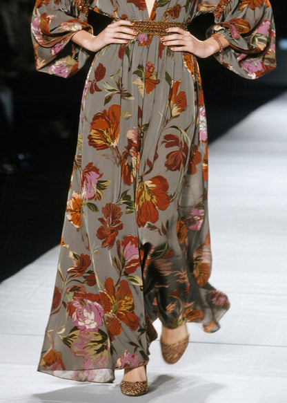 New V Neck Print Cotton Long Dress Fall