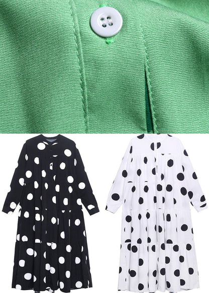 Stylish Green Dot Button Long Sleeve Dress Spring