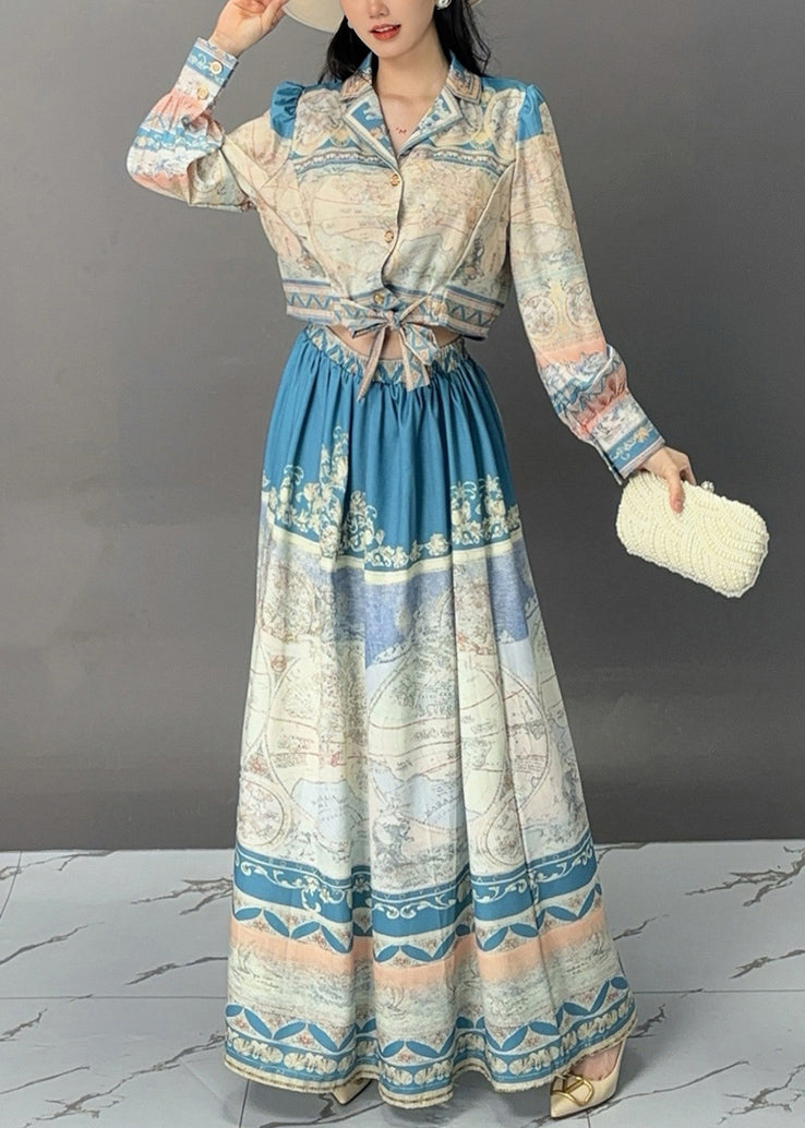 French Blue Print Tops and Skirts Cotton Two Pieces Set Fall