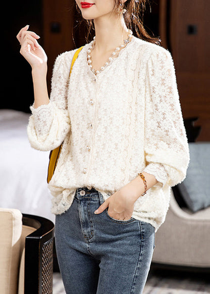 Apricot V Neck Button Patchwork Lace Top Fall