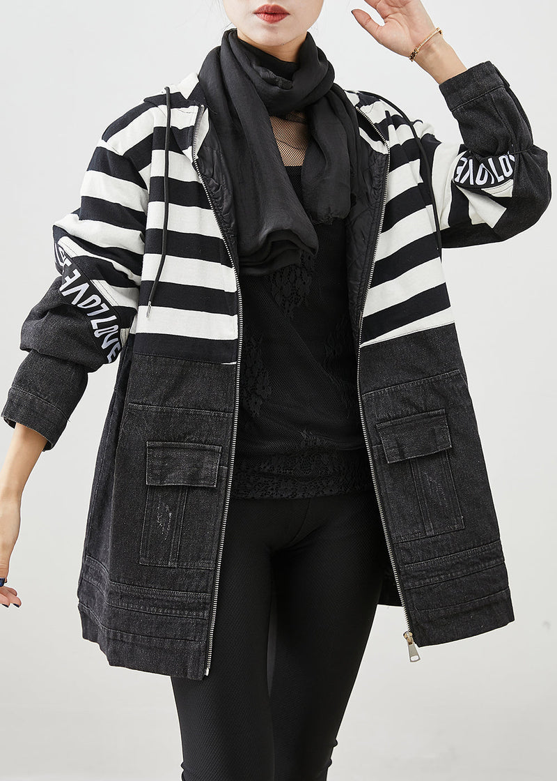 Black Hooded Patchwork Striped Fine Cotton Filled Denim Jacket Witner