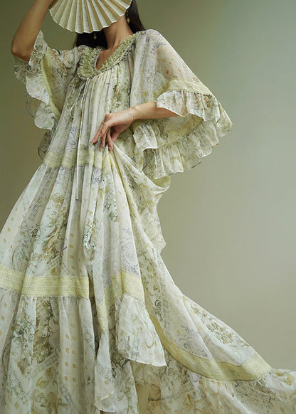 Italian Green Ruffled Print Patchwork Silk Maxi Dresses Half Sleeve