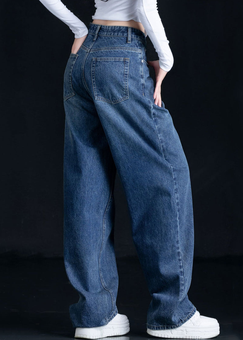 Blue Embroidered Pockets Denim Straight Pants Fall