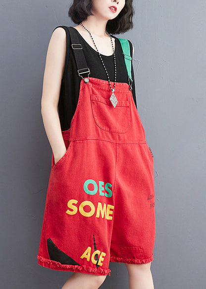 Red Slash Neck Graphic Print Patchwork Button Denim Jumpsuit Summer