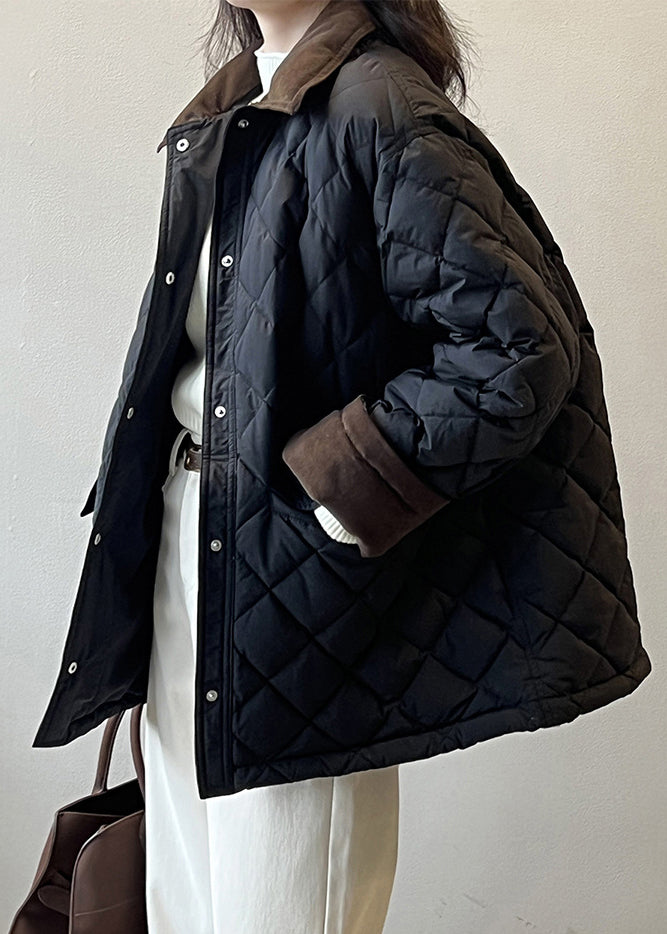 Black Pockets Corduroy Duck Down Puffer Coat Peter Pan Collar Winter