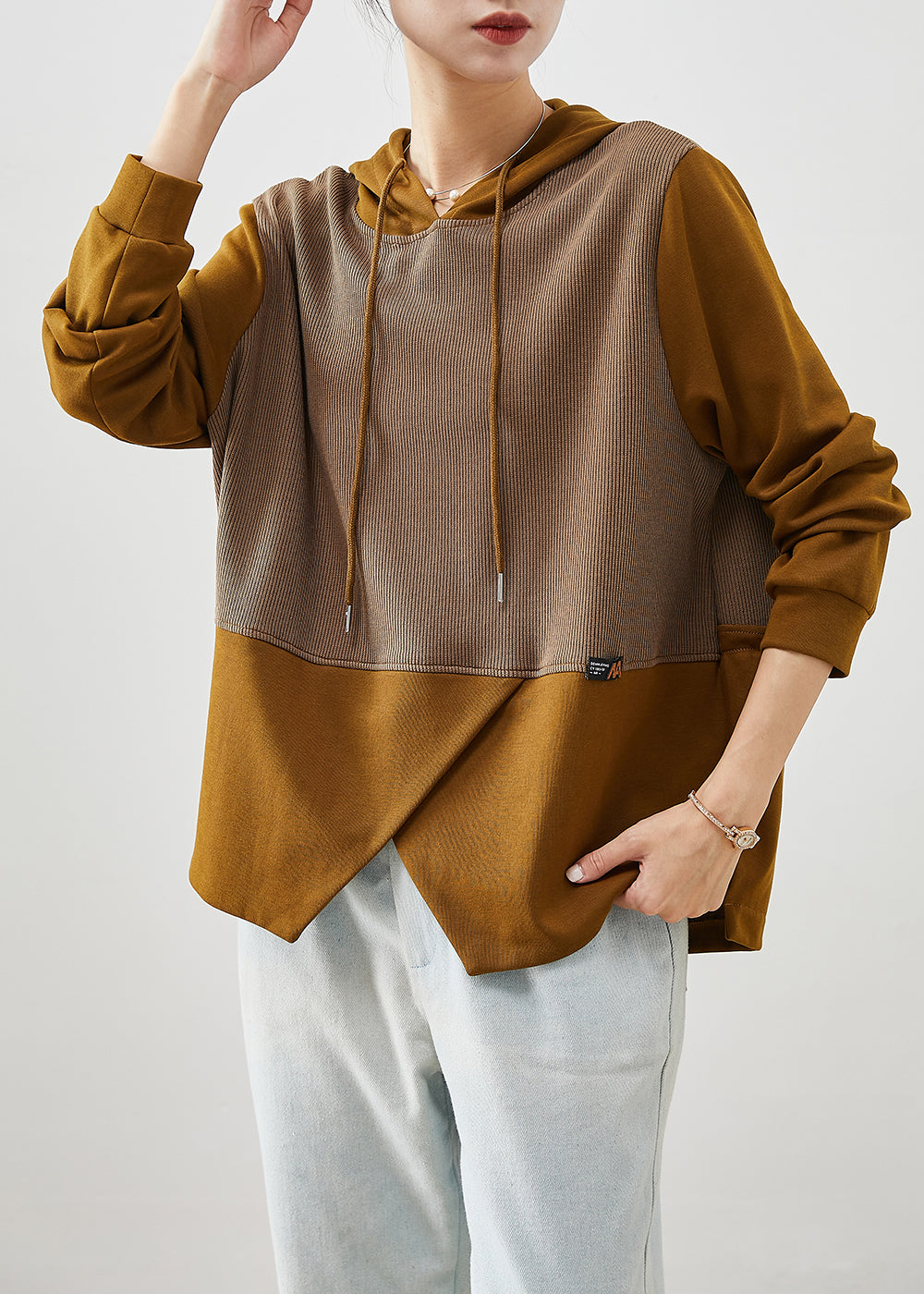 Brown Asymmetrical Patchwork Cotton Sweatshirts Top Fall