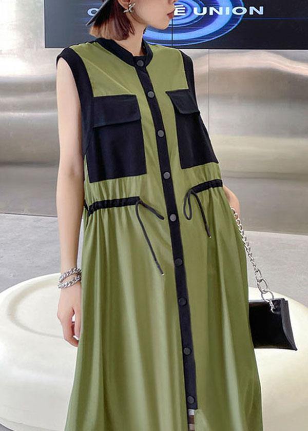 Comfy Army Green Patchwork Button Tie Waist Summer Long Dress