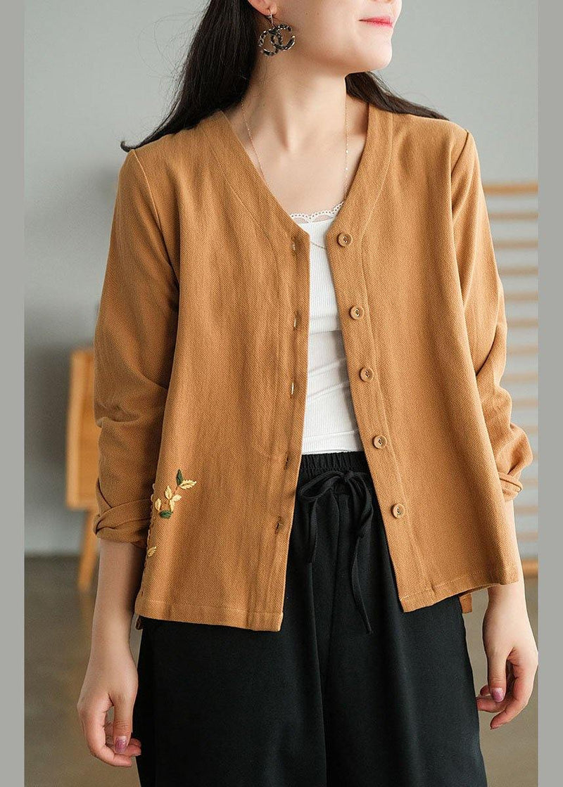 Unique Khaki Side Open Embroideried Fall Long Sleeve Shirt