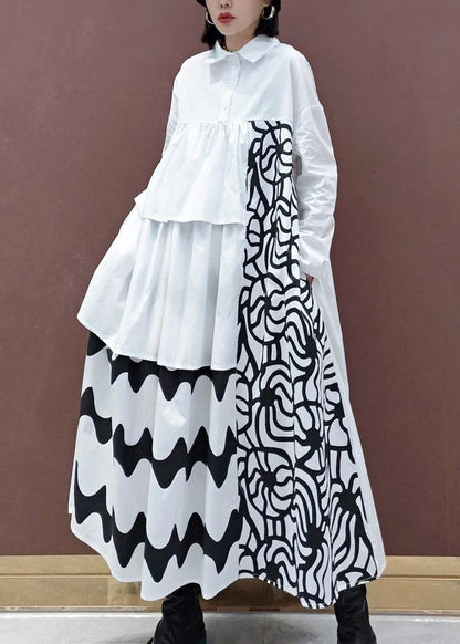 Handmade White Print Quilting Clothes Lapel Asymmetric Loose Spring Dresses