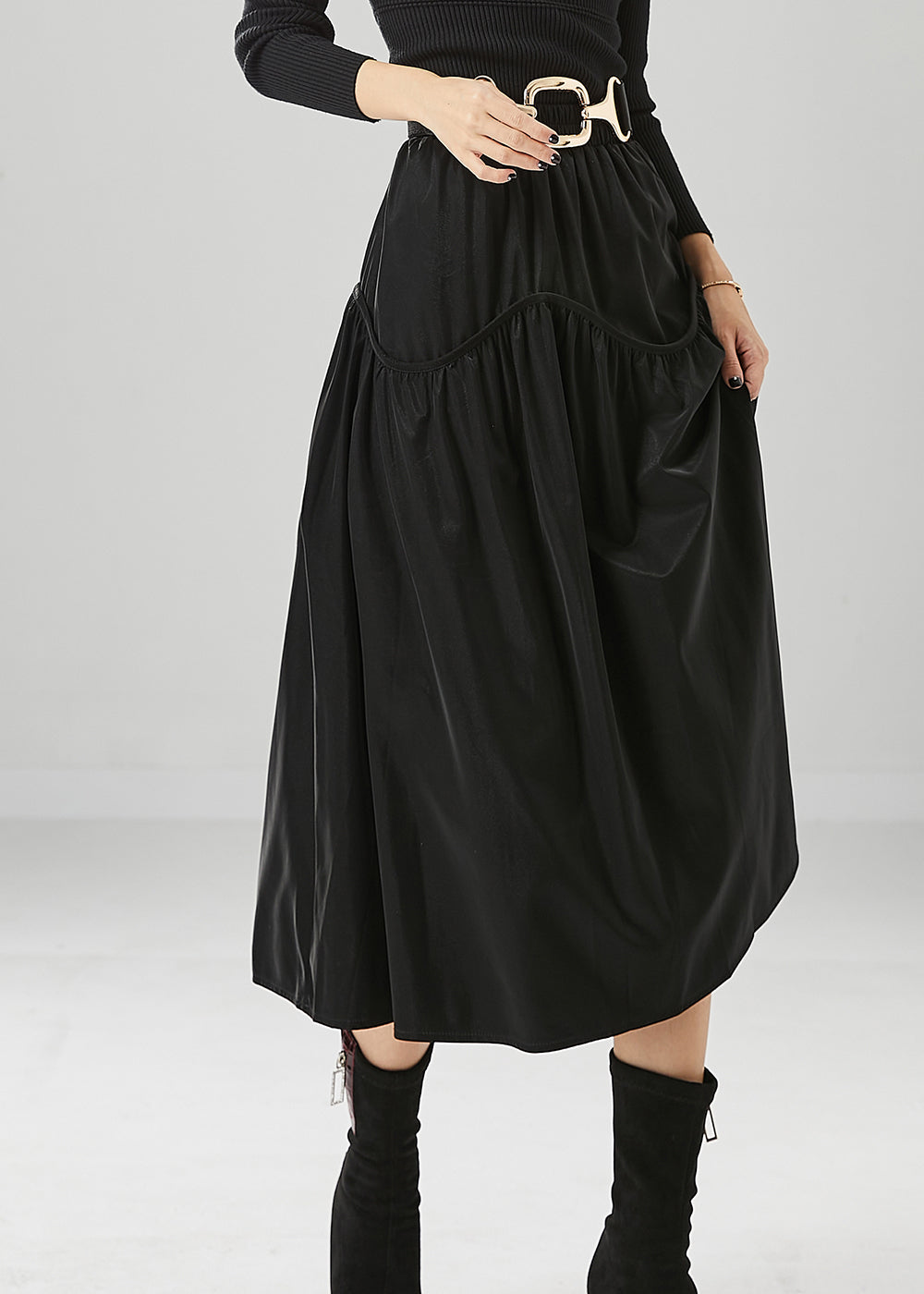 Black Oversized Patchwork Cotton Skirts Fall