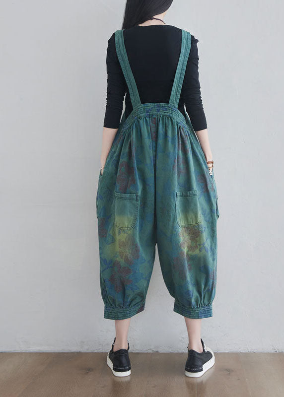 Blue Pockets Print Denim Jumpsuits Spring