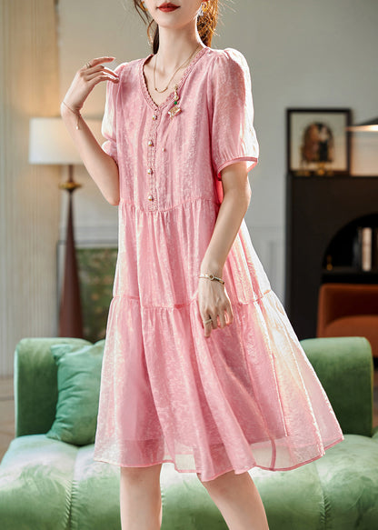 Pink V Neck Lace Patchwork Chiffon Long Dresses Short Sleeve Summer