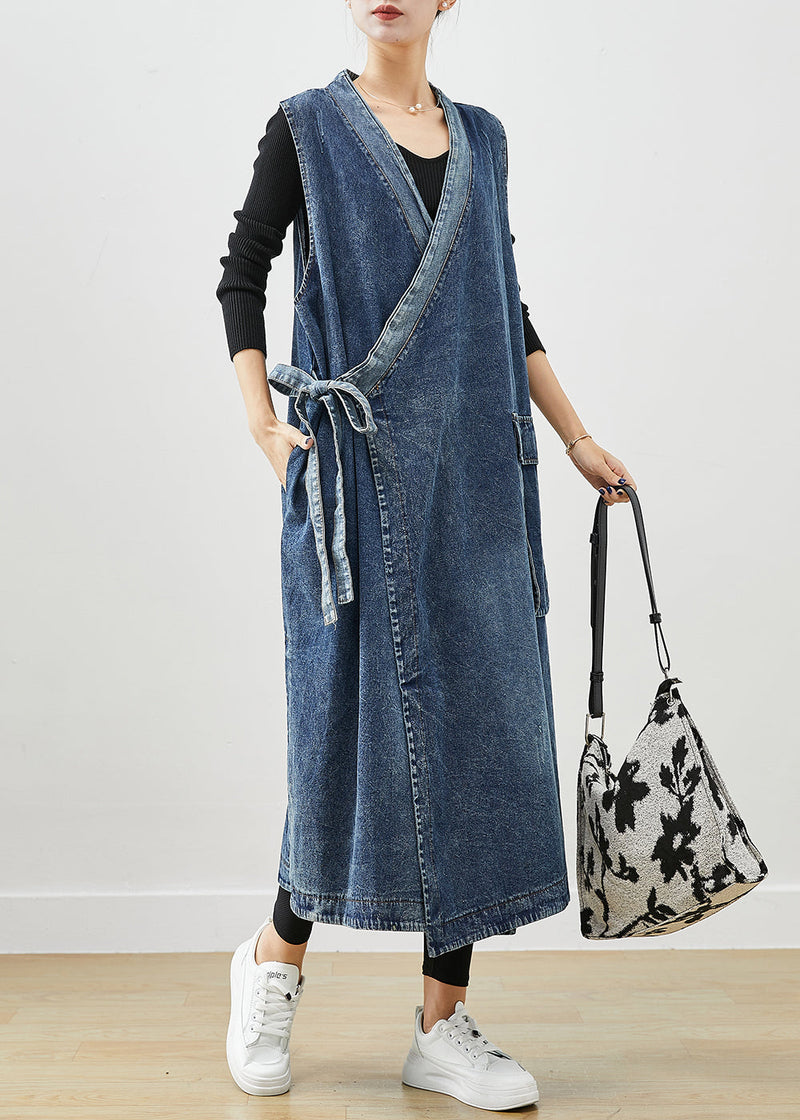 Blue Oversized Lace Up Denim Long Vests Fall
