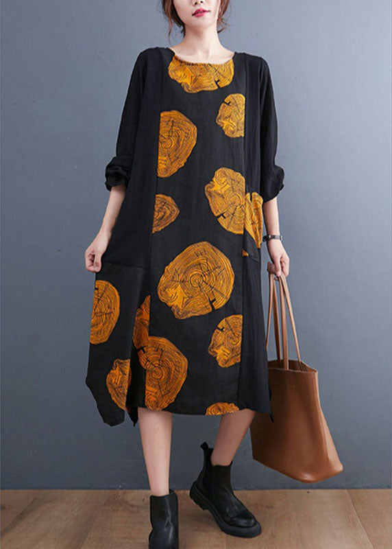 Yellow Patchwork Pockets Print Fall Dress Long Sleeve