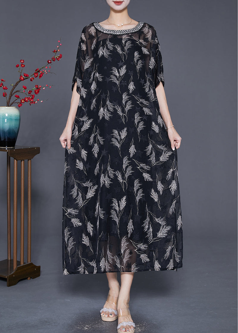 Loose Black Print Zircon Draping Chiffon Two Pieces Set Summer