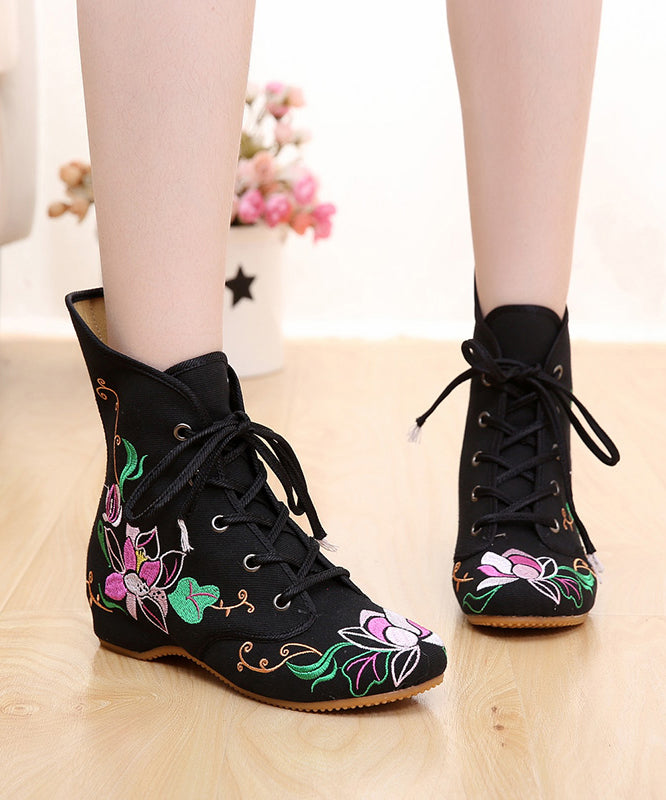 Cross Strap Embroideried Ankle Boots Black Cotton Fabric