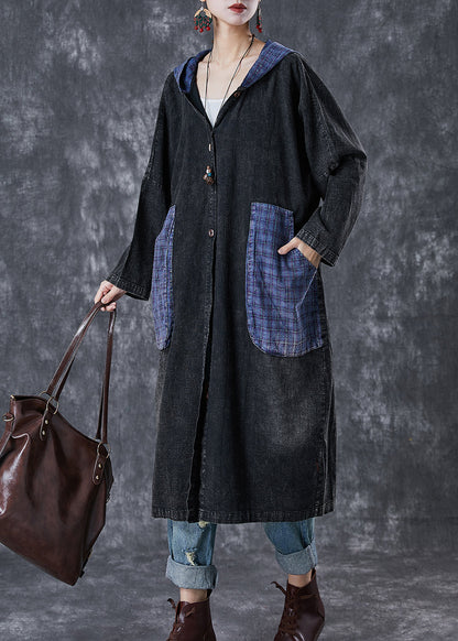 Black Hooded Patchwork Big Pockets Denim Coats Fall