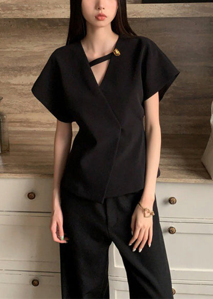 French Black V Neck Spandex Shirt Summer