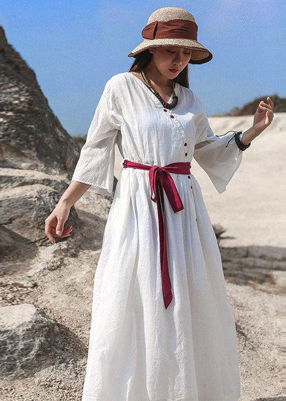 Loose Purple Cinched Button Cotton Dresses Three Quarter Sleeve