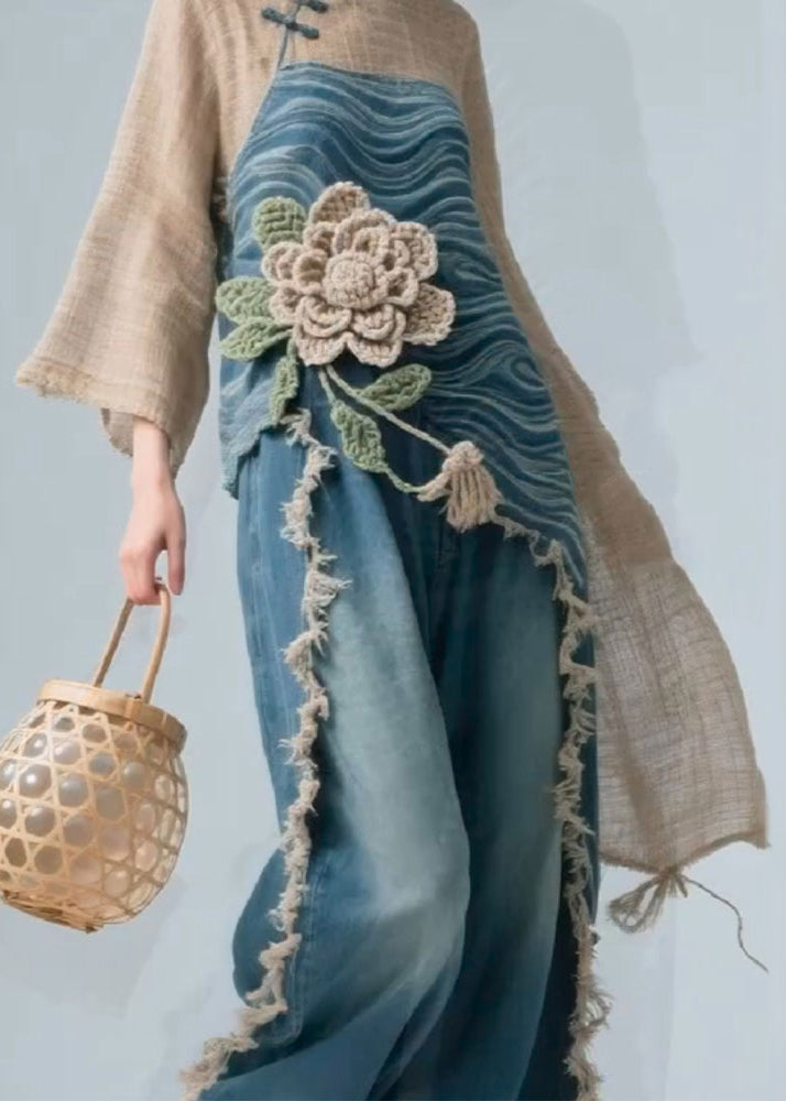 Colorblock Stand Collar Linen Patchwork Blouse Fall