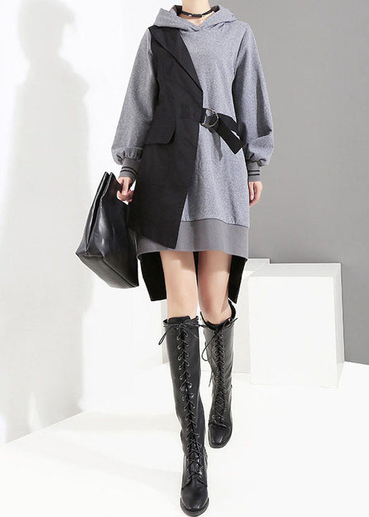 Style Grey Low High Design Tie Waist Hooded Patchwork Dresses Spring
