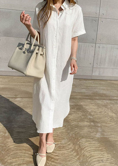 White Side Open Button Shirts Dresses Short Sleeve