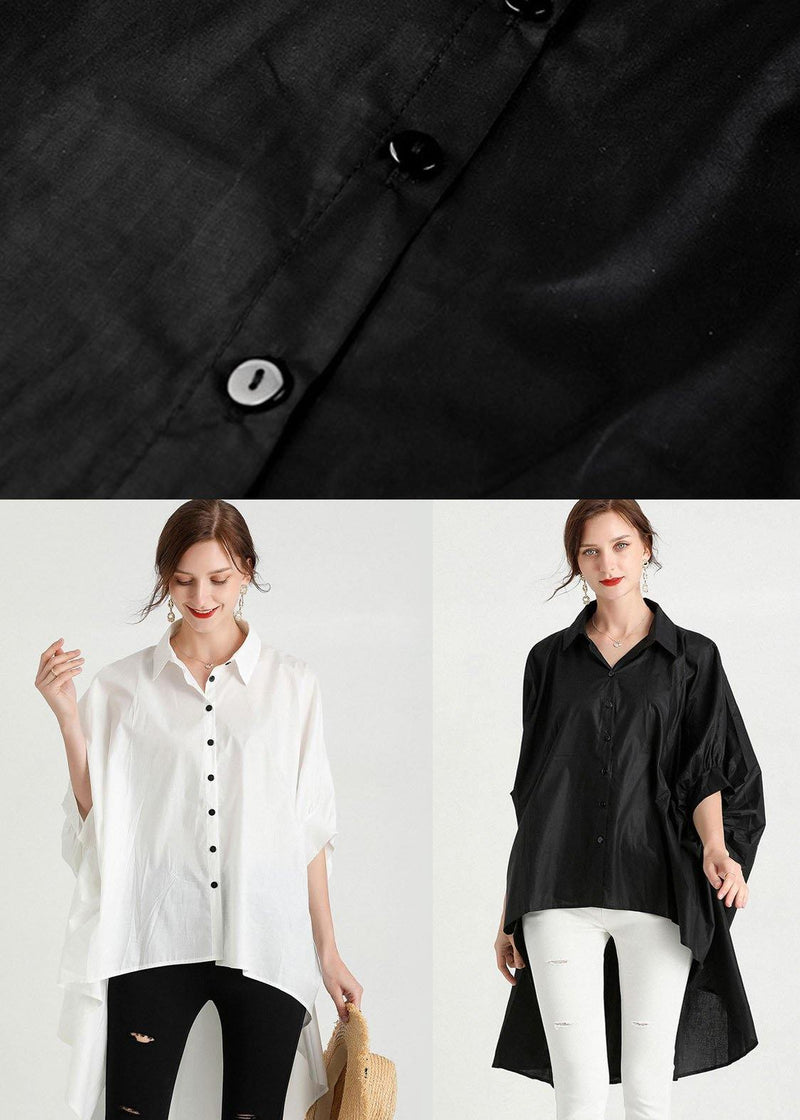 Style White Peterpan Collar Asymmetrical Design Summer Cotton Shirt Top Half Sleeve