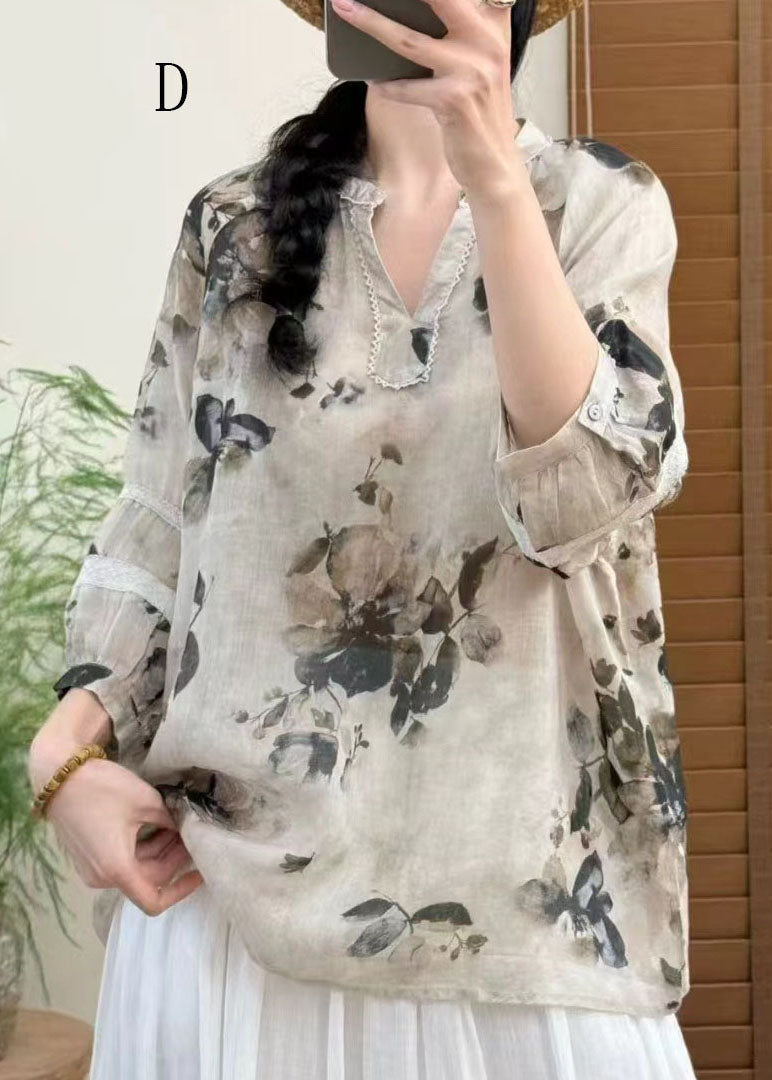 V Neck Print Linen Top Bracelet Sleeve