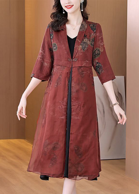 Brick Red Embroideried Silk Cardigans Bracelet Sleeve