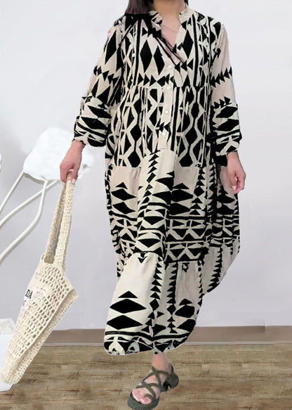 Black Stand Collar Print Long Shirts Dresses Spring