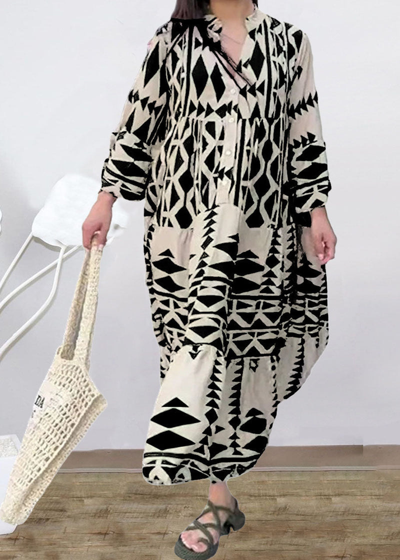 Black Stand Collar Print Long Shirts Dresses Spring