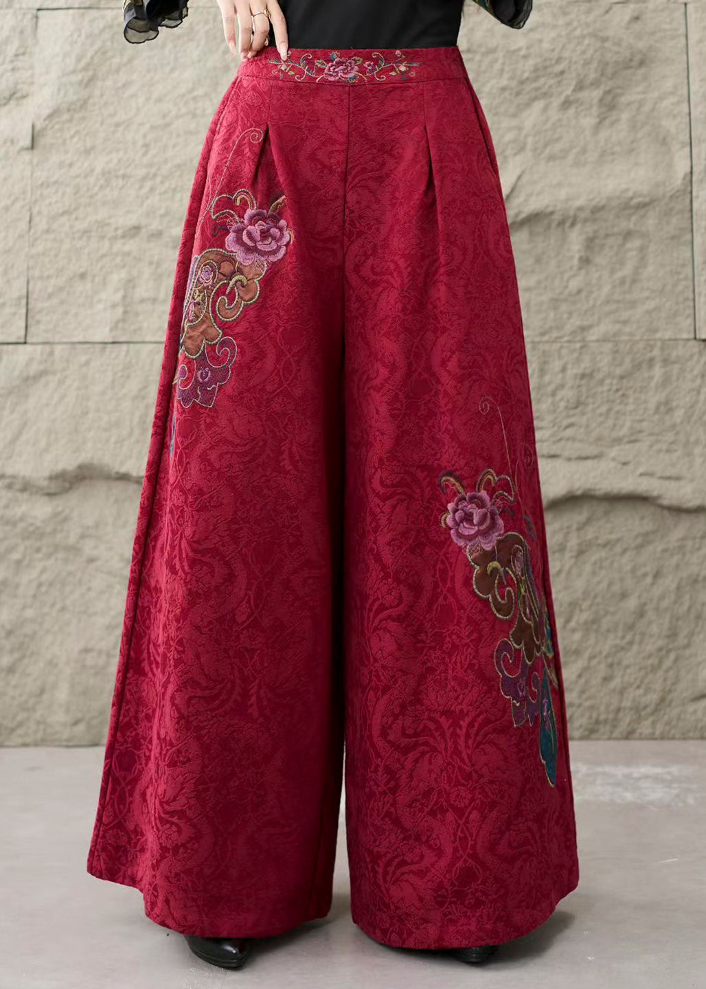 Purple Embroidered Pockets Cotton Pants Trousers Fall