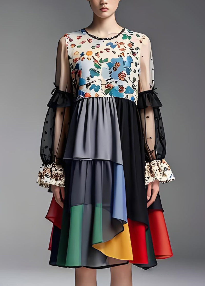 O Neck Print Organza Patchwork Chiffon Dress Long Sleeve
