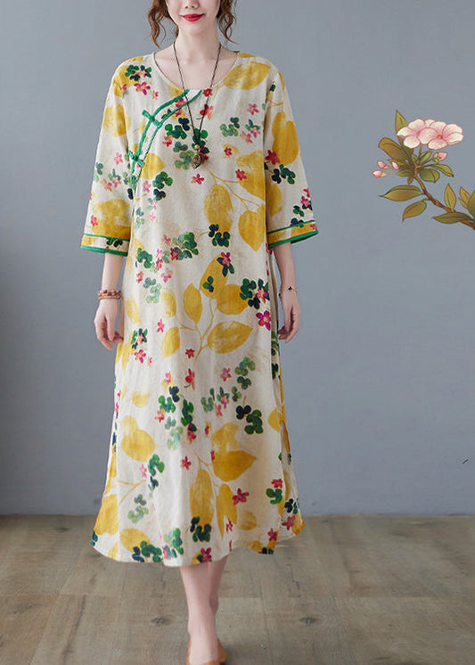 Yellow Side Open O-neck Print Cotton Loose Dress Three Quarter Sleeve