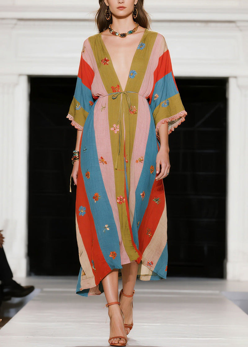 French Colorblock V Neck Patchwork Cotton Dress Summer