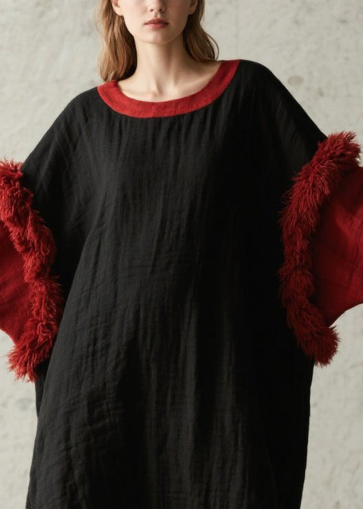Black Oversized Patchwork Faux Fur Maxi Dresses Fall
