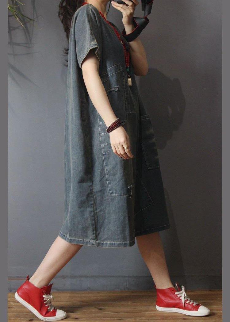 Italian Denim Hole Cotton Asymmetrical Design Summer Long Dress
