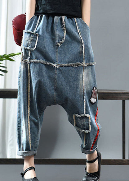 Fitted Denim Blue Patchwork Print Fall Pants