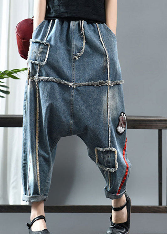 Fitted Denim Blue Patchwork Print Fall Pants