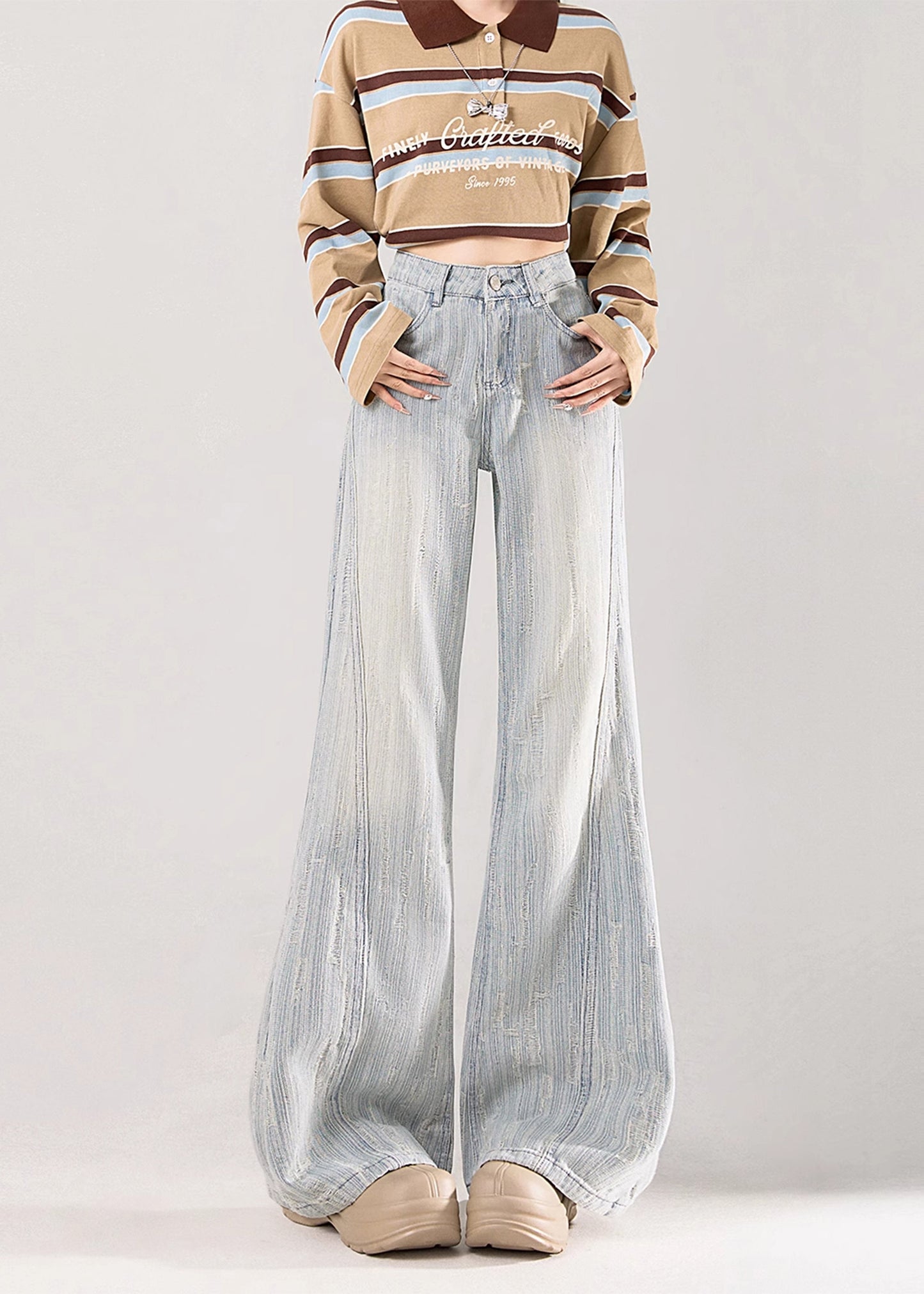 Light Blue Jacquard Striped Denim Flare Bottoms Fall