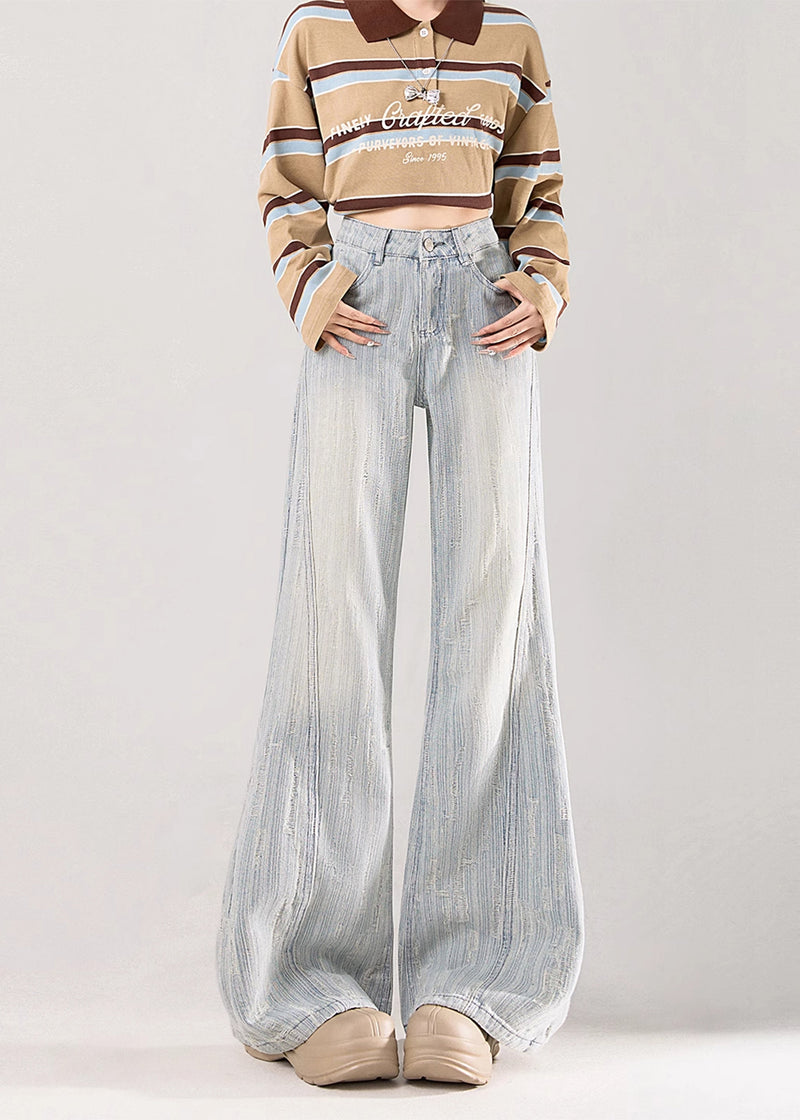 Light Blue Jacquard Striped Denim Flare Bottoms Fall