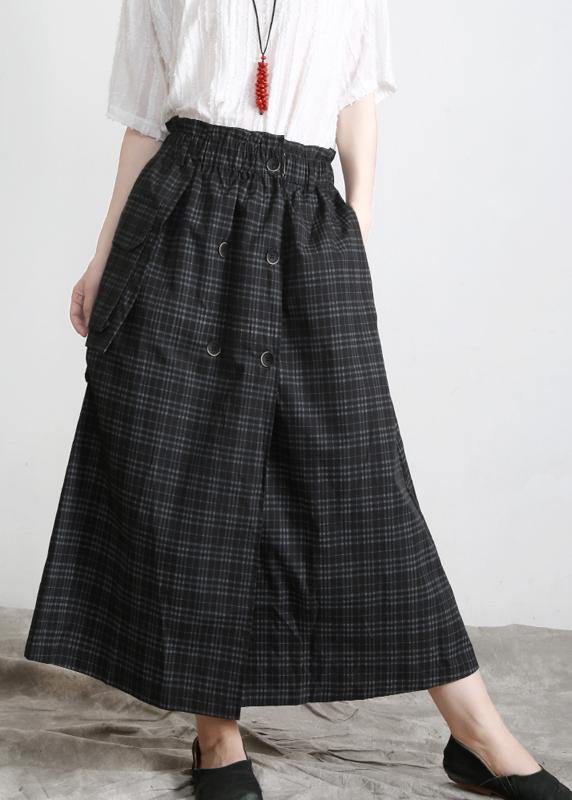 Black Plaid Button Pockets Summer Cotton Skirts