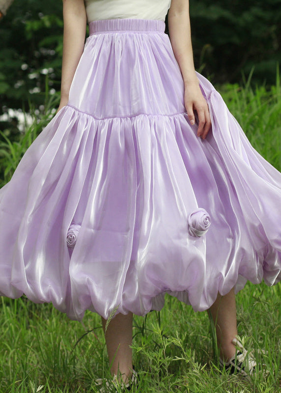Purple Elastic Waist Silk Skirts Summer