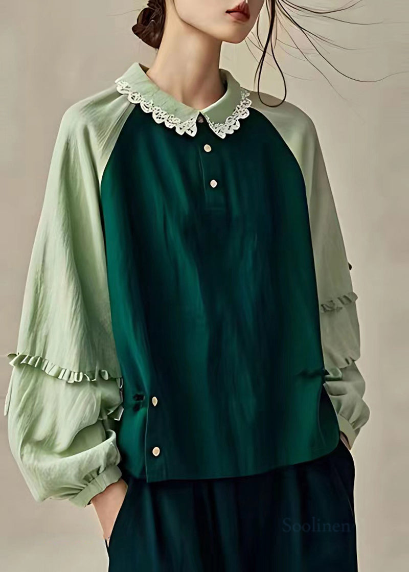 Dull Green Oversized Patchwork Linen Shirts Spring