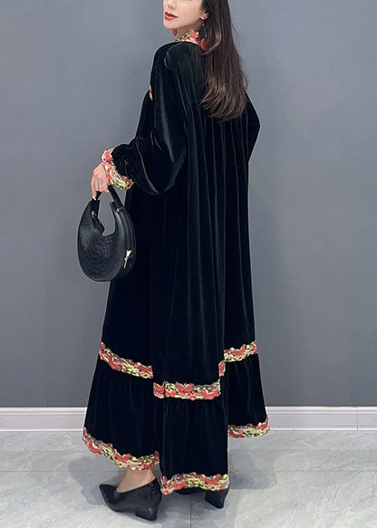 Black Patchwork Silk Velour Stand Collar Long Dress Spring