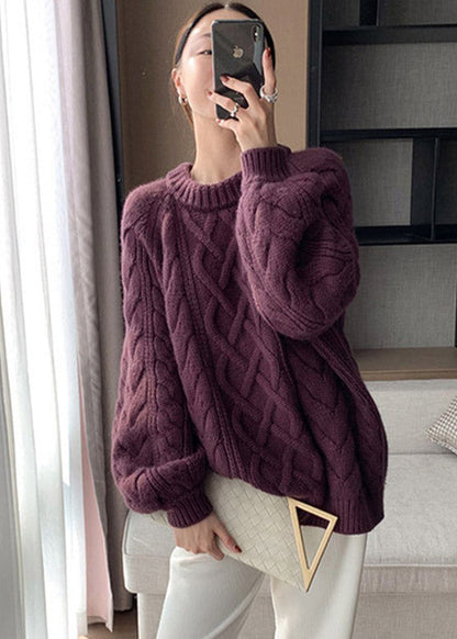 Purple O-neck Cozy Thick Cable Knit Sweater Winter